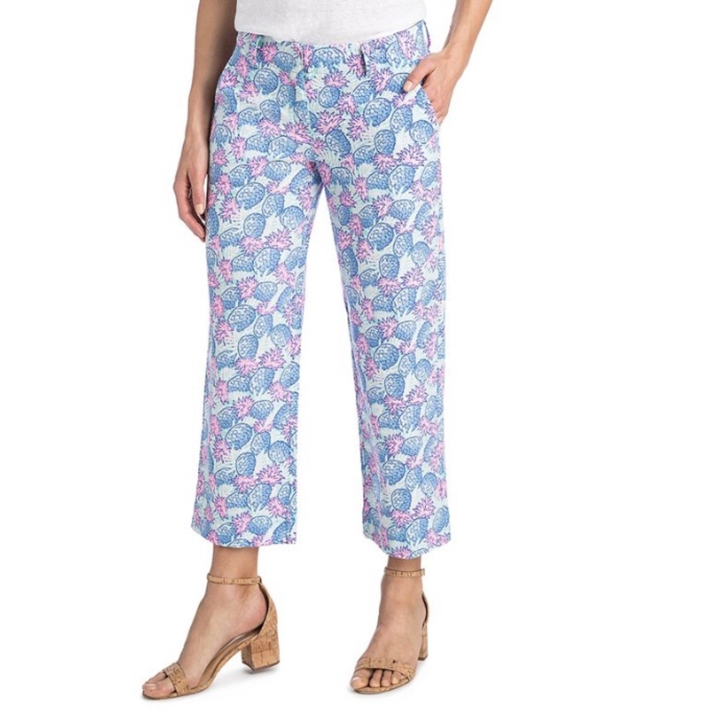 Vineyard Vines Blue & Pink Caicos Pineapple Linen Blend Crop Pants Women Size 4
